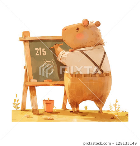Cute animal teacher writing on chalkboard in classroom setting during sunny day 129133149