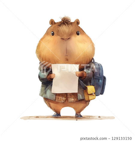 Cheerful rodent holding a sketchbook with school supplies in a whimsical setting 129133150