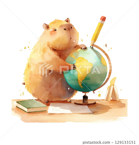 Capybara studying geography with a globe and pencil at a desk surrounded by books and stationery 129133151