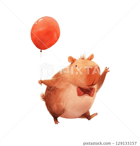 Cute bear character joyfully holding a red balloon in a whimsical setting Cute bear character joyfully holding a red balloon in a whimsical setting 129133157