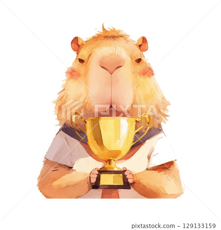 Cute hamster dressed in a shirt holds a golden trophy with pride in a cheerful setting 129133159