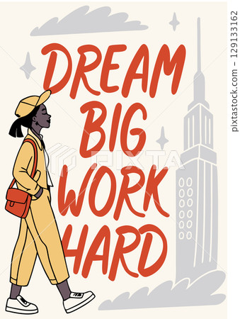 Inspirational female figure walking past a towering building while promoting ambition and hard work in a city setting Inspirational female figure walking past a towering building while promoting ambition and hard work in a city setting 129133162