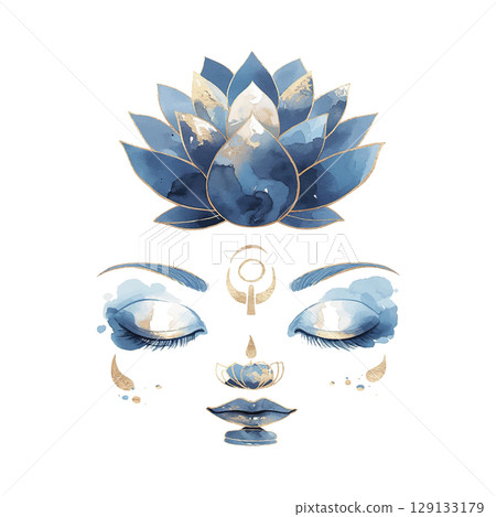 Artwork depicting a serene figure with a blue lotus flower and gold accents, reflecting tranquility and mindfulness in a calming ambiance Artwork depicting a serene figure with a blue lotus flower and gold accents, reflecting tranquility and mindfulness in a calming ambiance 129133179