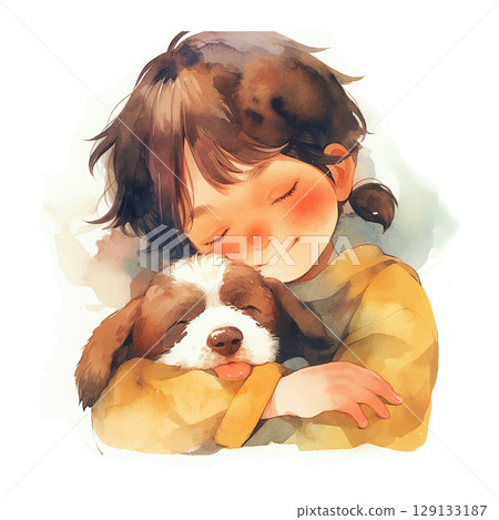 Child embracing a puppy with joy in a cozy indoor setting Child embracing a puppy with joy in a cozy indoor setting 129133187