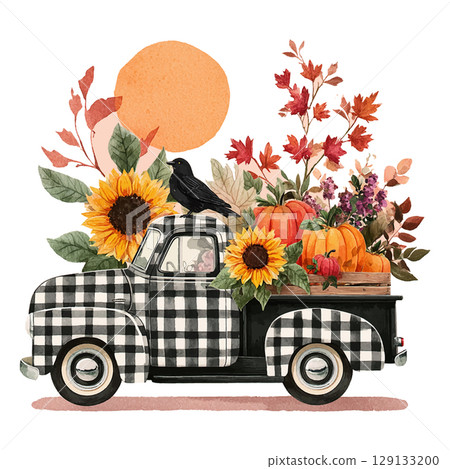 Charming vintage truck loaded with pumpkins and sunflowers under an autumn sun 129133200