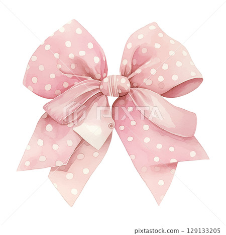 Pretty pink polka dot bow with soft edges on a white background showcasing delicate design and cheerful aesthetic Pretty pink polka dot bow with soft edges on a white background showcasing delicate design and cheerful aesthetic 129133205