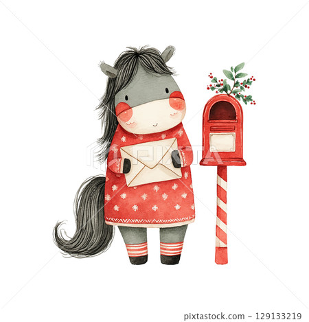 Cute cartoon horse character standing beside a red mailbox holding a letter in a festive setting 129133219