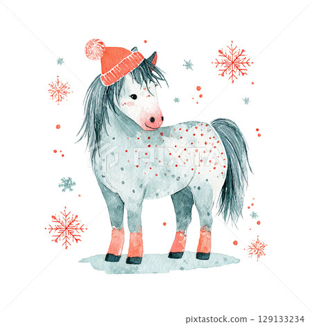 Cute pony in winter attire surrounded by snowflakes and a festive atmosphere 129133234