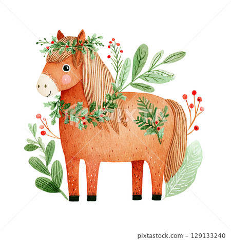 Cute pony with floral crown surrounded by greenery showcasing a whimsical style and cheerful atmosphere Cute pony with floral crown surrounded by greenery showcasing a whimsical style and cheerful atmosphere 129133240