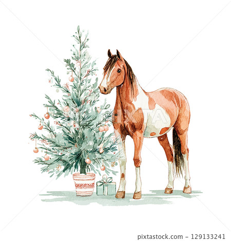 Brown and white horse standing near a decorated Christmas tree with presents underneath in a festive setting 129133241