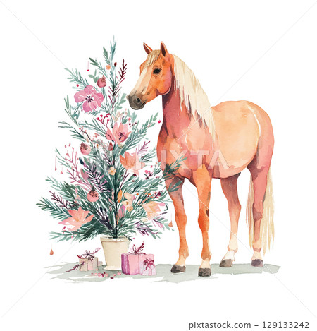 Brown and white horse standing near a decorated Christmas tree with presents underneath in a festive setting 129133242