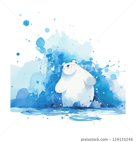 Conceptual art of a polar bear standing in vivid blue water and splashes of color, capturing the essence of a cold environment Conceptual art of a polar bear standing in vivid blue water and splashes of color, capturing the essence of a cold environment 129133248
