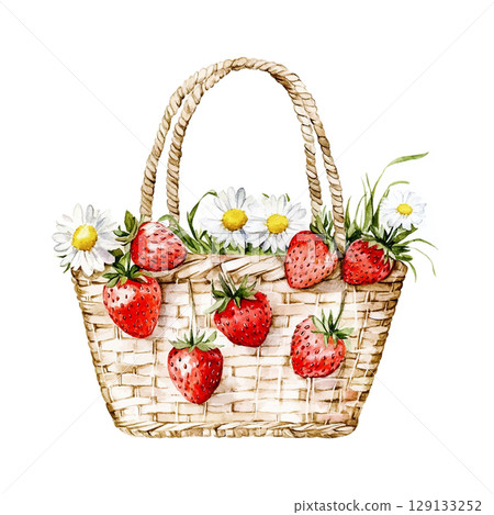 Basket overflowing with fresh strawberries and daisies in a country-style design 129133252