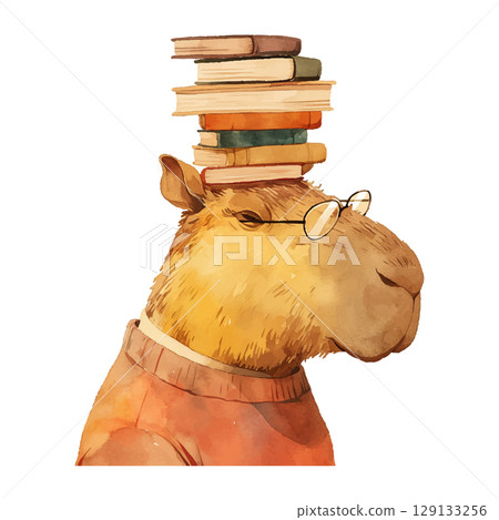 Capybara wearing glasses with a stack of books on its head during a cozy reading moment 129133256