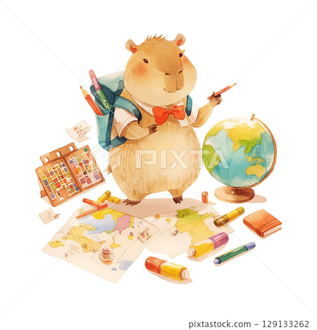Capybara teacher surrounded by school supplies and a globe in a colorful classroom setting Capybara teacher surrounded by school supplies and a globe in a colorful classroom setting 129133262