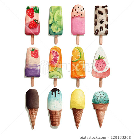 Colorful assortment of ice pops and cones displayed on a bright background during a summer afternoon 129133268