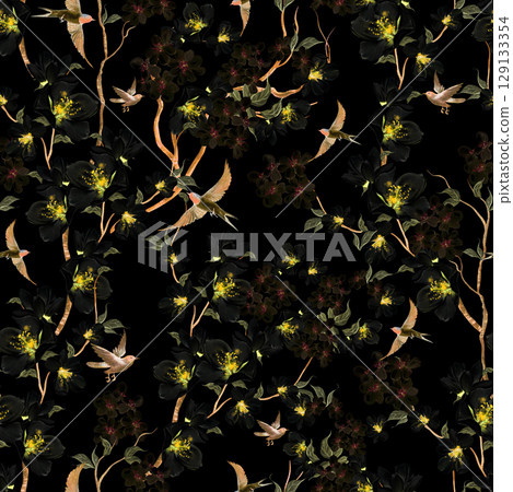 Chinoiserie floral seamless pattern with birds and flowers. Chinoiserie floral seamless pattern with birds and flowers. 129133354