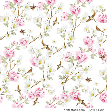 Chinoiserie floral seamless pattern with birds and flowers. Chinoiserie floral seamless pattern with birds and flowers. 129133384