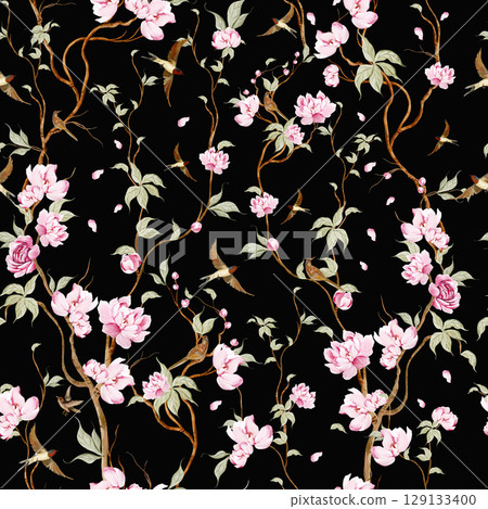 Chinoiserie floral seamless pattern with birds and flowers. 129133400