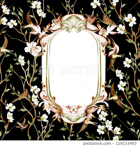 Chinoiserie floral wedding card with birds and flowers. 129133403