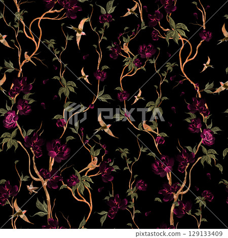 Chinoiserie floral seamless pattern with birds and flowers. 129133409