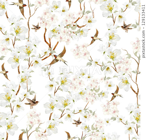Chinoiserie floral seamless pattern with birds and flowers. 129133411
