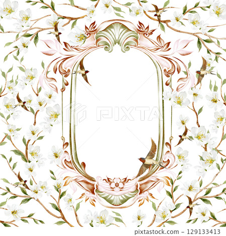 Chinoiserie floral wedding card with birds and flowers. 129133413