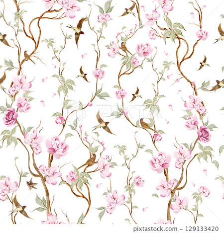 Chinoiserie floral seamless pattern with birds and flowers. 129133420