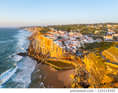 Azenhas do Mar Village in Portugal at Sunset. Aerial View 129133493