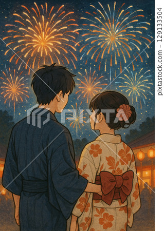 一對夫婦在夏季節日觀看煙火 一對夫婦在夏季節日觀看煙火 129133504