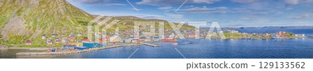 Panorama Honningsvag Nordkapp with mountains sea and colourful houses Panorama Honningsvag Nordkapp with mountains sea and colourful houses 129133562