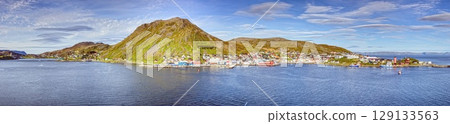 Scenic fjord view of Honningsvag Nordkapp with harbour and mountains Scenic fjord view of Honningsvag Nordkapp with harbour and mountains 129133563
