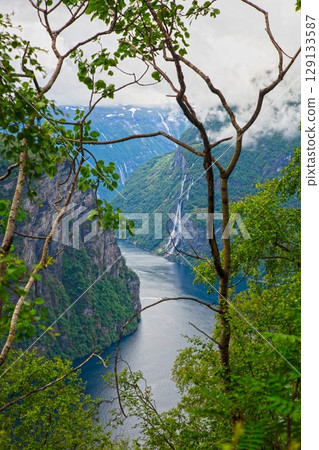geirangerfjord framed by forest trees and seven sisters waterfall 129133587