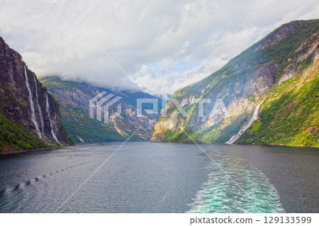 Geirangerfjord Norway with Seven Sisters waterfall from cruise ship Geirangerfjord Norway with Seven Sisters waterfall from cruise ship 129133599