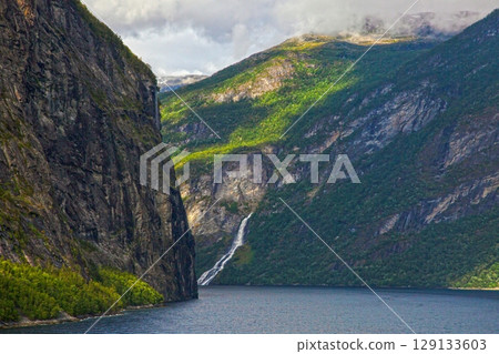 Seven Sisters Waterfall view from Geirangerfjord Norway Seven Sisters Waterfall view from Geirangerfjord Norway 129133603