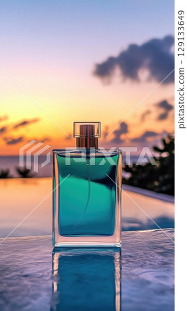 Sunset reflection on perfume bottle Sunset reflection on perfume bottle 129133649