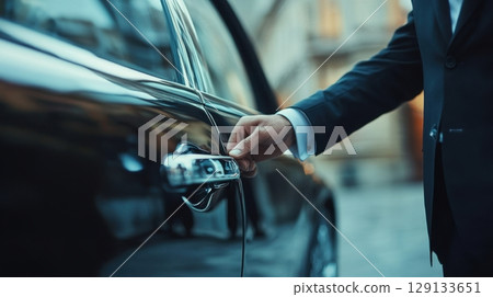 Hand reaching for car door handle Hand reaching for car door handle 129133651