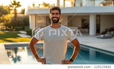 Smiling man poses by luxurious pool 129133682