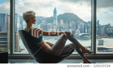 Woman relaxing by city view 129133729