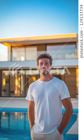 Young man smiling by modern house 129133734
