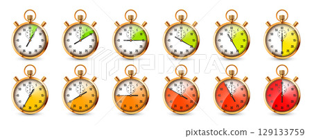 Realistic classic stopwatch. Shiny golden metal chronometer, time counter with dial. Colorful countdown timer showing minutes, seconds. Time measurement for sport, start, finish. Vector illustration Realistic classic stopwatch. Shiny golden metal chronometer, time counter with dial. Colorful countdown timer showing minutes, seconds. Time measurement for sport, start, finish. Vector illustration 129133759