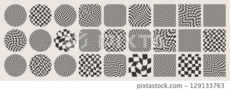 Groovy checkered pattern, colorful tiled grid. Vintage wavy curved backdrop, distortion effect. Funky geometric chessboard texture, retro background in 90s style, y2k. Vector illustration Groovy checkered pattern, colorful tiled grid. Vintage wavy curved backdrop, distortion effect. Funky geometric chessboard texture, retro background in 90s style, y2k. Vector illustration 129133763