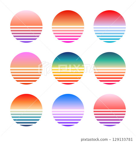 Vintage colorful sunset. Striped gradient sunrise badges in 80s and 90s style. Sun and ocean view, summer vibes, surfing. Design element for print, logo or t-shirt. Vector illustration 129133781