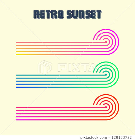 Vintage colorful sunset. Various gradient striped sunrise badges in 80s and 90s style. Sun and ocean view, summer vibes, surfing. Design element for print, logo or t-shirt. Vector illustration 129133782