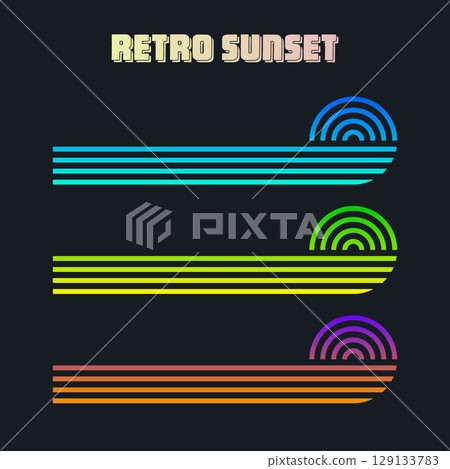 Vintage colorful sunset. Various gradient striped sunrise badges in 80s and 90s style. Sun and ocean view, summer vibes, surfing. Design element for print, logo or t-shirt. Vector illustration 129133783