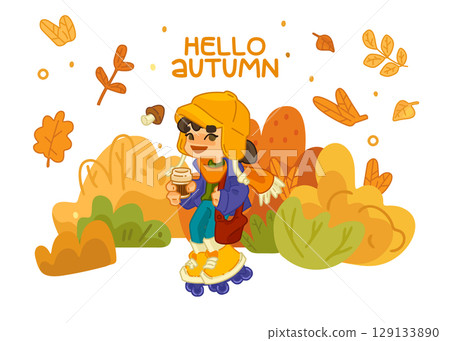 Autumn Girl Roller Skating Illustration 129133890