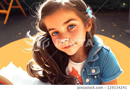 Good leisure for a child. Teaching a child through play. A beautiful girl in a denim jacket smiles at the camera in playground. High quality photo 129134241