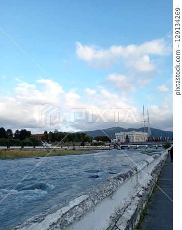 Terek River, embankment of the city of Vladikavkaz, North Ossetia, Russia, view of the Administration of the municipality of Vladikavkaz 129134269