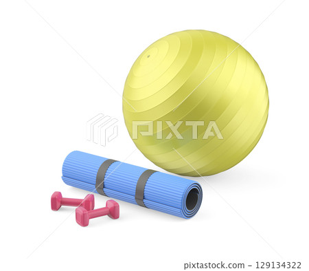 Pair of dumbbells, a rubber fitness mat, and an exercise ball 129134322