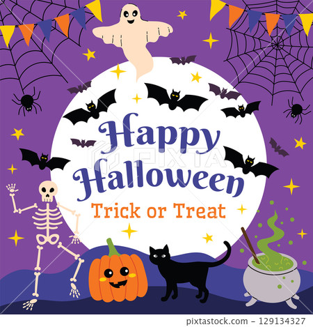 Cute Happy Halloween card with big white moon, bats, spider web, pumpkin, ghost, black cat, skeleton and cauldron. Cute Happy Halloween card with big white moon, bats, spider web, pumpkin, ghost, black cat, skeleton and cauldron. 129134327